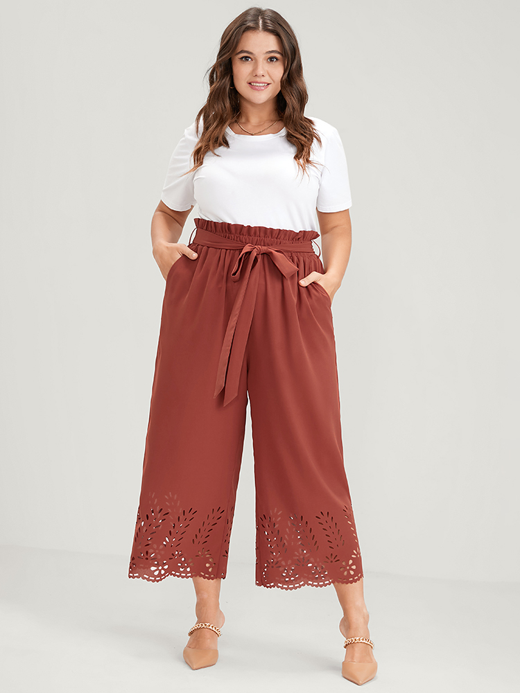 

Plus Size Plain Pocket Laser Cut Belted Paperbag Waist Pants Women Chocolate Elegant Wide Leg High Rise Dailywear Pants BloomChic