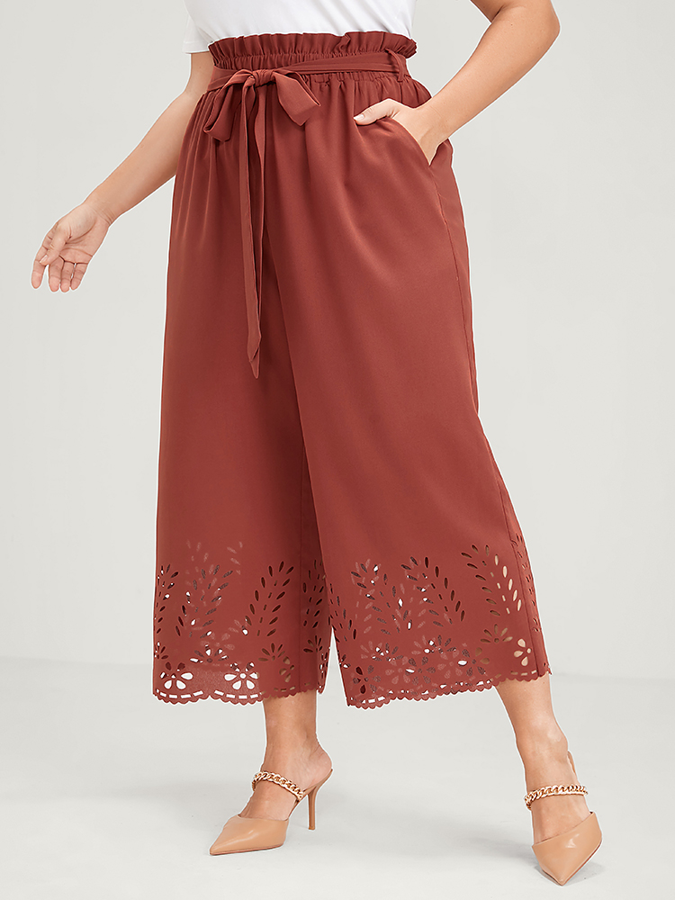 Plus Size Plain Pocket Laser Cut Belted Paperbag Waist Pants Women Chocolate Elegant Wide Leg High Rise Dailywear Pants BloomChic 22-24/3X 