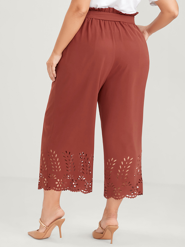 Plus Size Plain Pocket Laser Cut Belted Paperbag Waist Pants Women Chocolate Elegant Wide Leg High Rise Dailywear Pants BloomChic 22-24/3X 