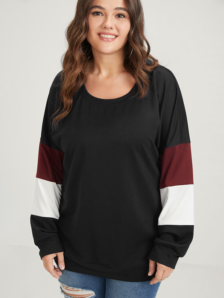 

Plus Size Colorblock Patchwork Round Neck Drop Shoulder Sweatshirt Women Black Casual Contrast Round Neck Dailywear Sweatshirts BloomChic