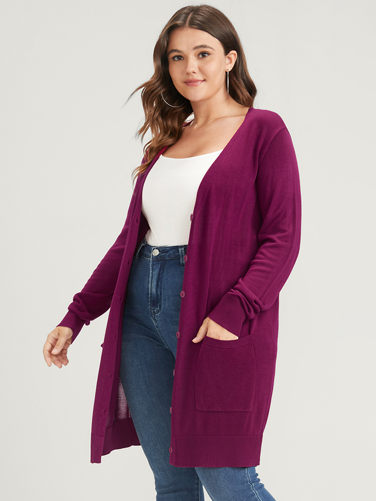 

Plus Size Plain Super Soft Knit Button Front Pocket Long Cardigan Purple Women Casual Long Sleeve Work Cardigans BloomChic