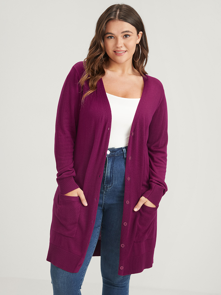 

Plus Size Plain Super Soft Knit Button Front Pocket Long Cardigan Purple Women Casual Long Sleeve Work Cardigans BloomChic