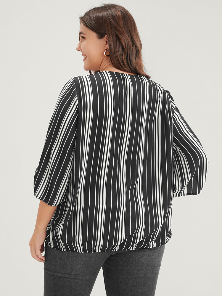 

Plus Size Black Striped Button Cuffed Sleeve Wrap Blouse Women Vacation Short sleeve V-neck Dailywear Blouses BloomChic