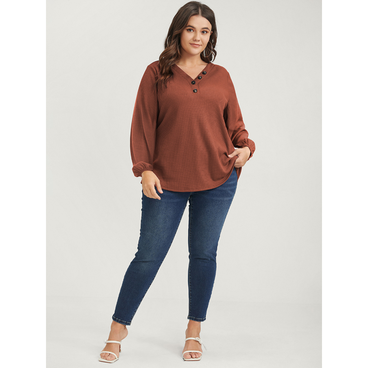 

Plus Size Solid Lantern Sleeve Button V Neck Waffle Knit Long Tee Chocolate Women Casual Button Plain V-neck Dailywear T-shirts BloomChic