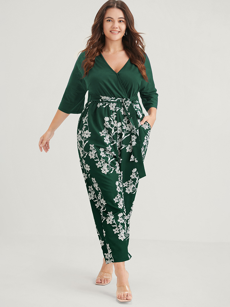 

Plus Size DarkGreen Floral Print Button Dolman Sleeve Pocket Knotted Wrap Jumpsuit Women Elegant Half Sleeve V-neck Dailywear Loose Jumpsuits BloomChic