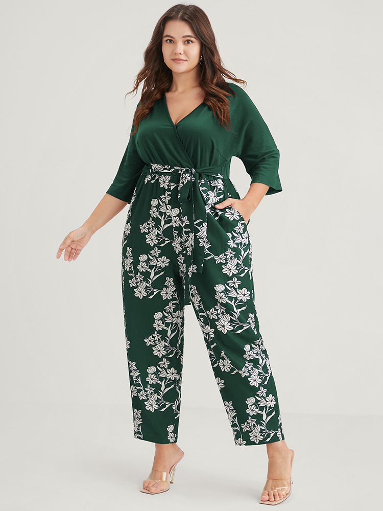 

Plus Size DarkGreen Floral Print Button Dolman Sleeve Pocket Knotted Wrap Jumpsuit Women Elegant Half Sleeve V-neck Dailywear Loose Jumpsuits BloomChic