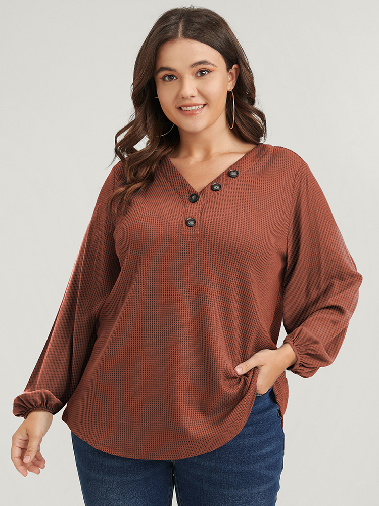 

Plus Size Solid Lantern Sleeve Button V Neck Waffle Knit Long Tee Chocolate Women Casual Button Plain V-neck Dailywear T-shirts BloomChic