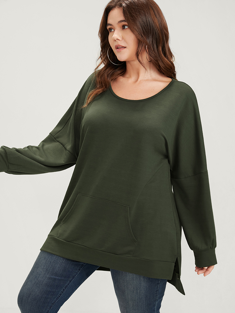 

Plus Size Solid Round Neck Asymmetrical Hem Pocket Drop Shoulder Sweatshirt Women ArmyGreen Casual Pocket Round Neck Dailywear Sweatshirts BloomChic