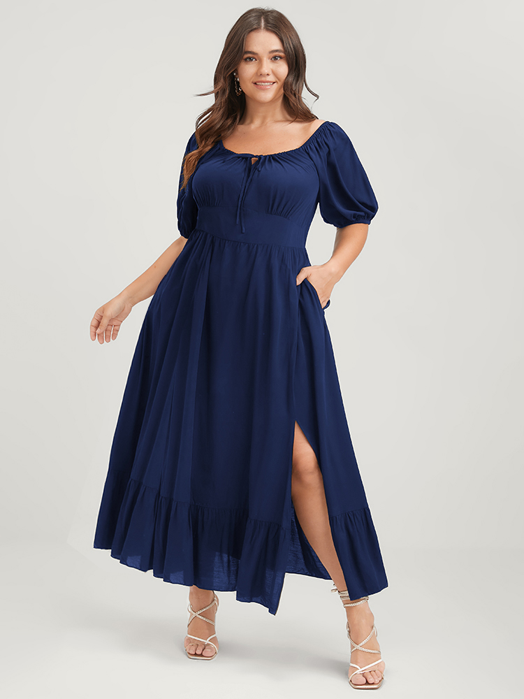 

Plus Size Solid Pocket Lantern Sleeve Ruffles Ties Square Neck Maxi Dress Navy Women Elegant Plain Square Neck Half Sleeve Curvy Long Dress BloomChic