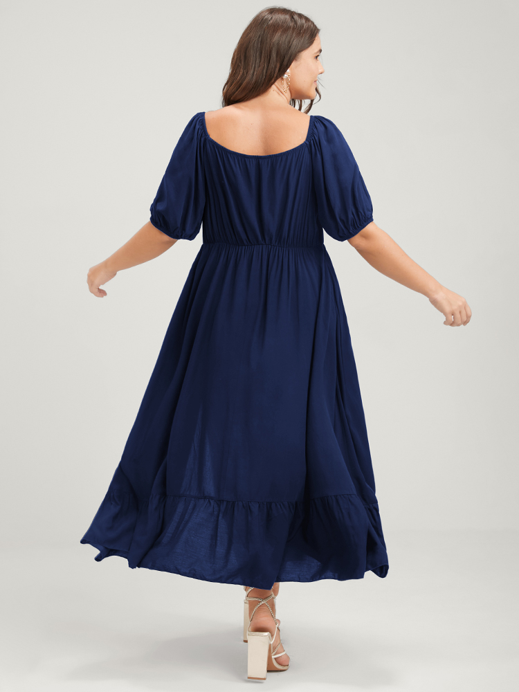 

Plus Size Solid Pocket Lantern Sleeve Ruffles Ties Square Neck Maxi Dress Navy Women Elegant Plain Square Neck Half Sleeve Curvy Long Dress BloomChic