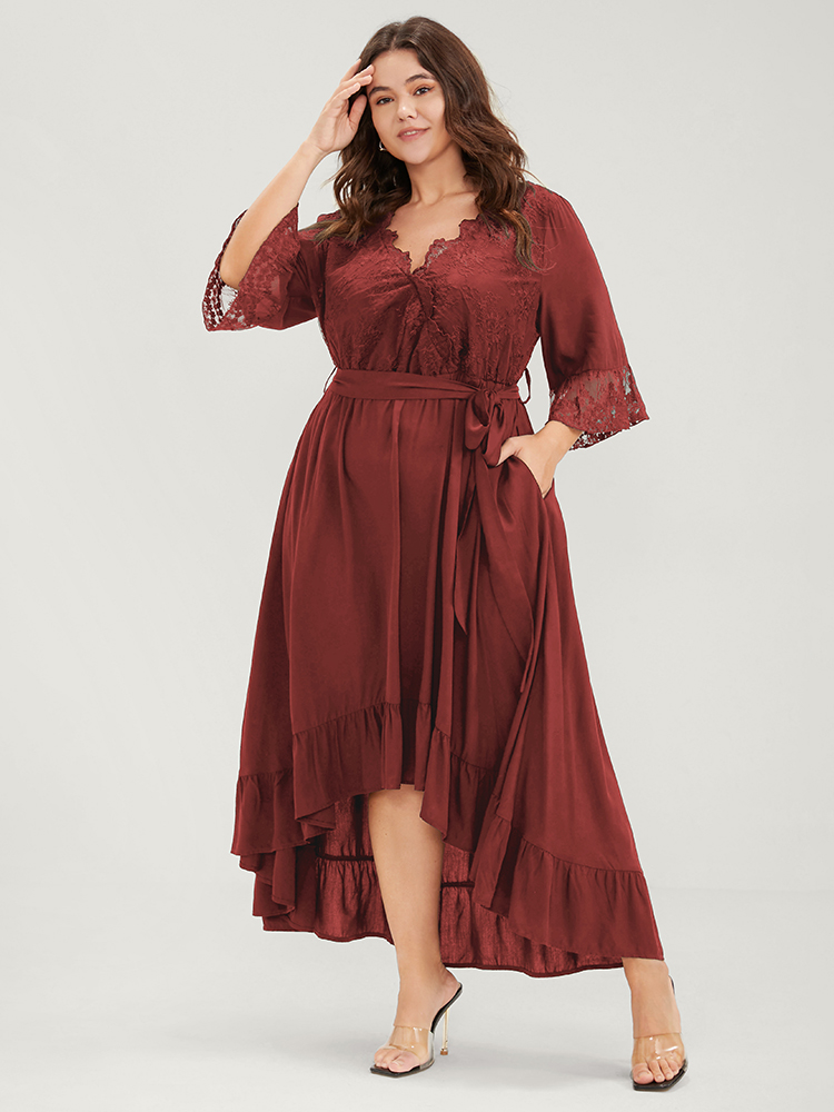 

Plus Size Solid Bell Sleeve Pocket Asymmetrical Hem Belted Lace Wrap Dress Russet Women Elegant Patchwork V-neck Half Sleeve Curvy Long Dress BloomChic