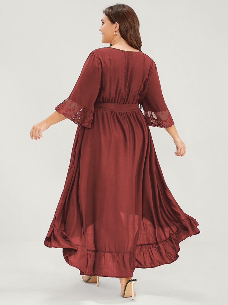 

Plus Size Solid Bell Sleeve Pocket Asymmetrical Hem Belted Lace Wrap Dress Russet Women Elegant Patchwork V-neck Half Sleeve Curvy Long Dress BloomChic