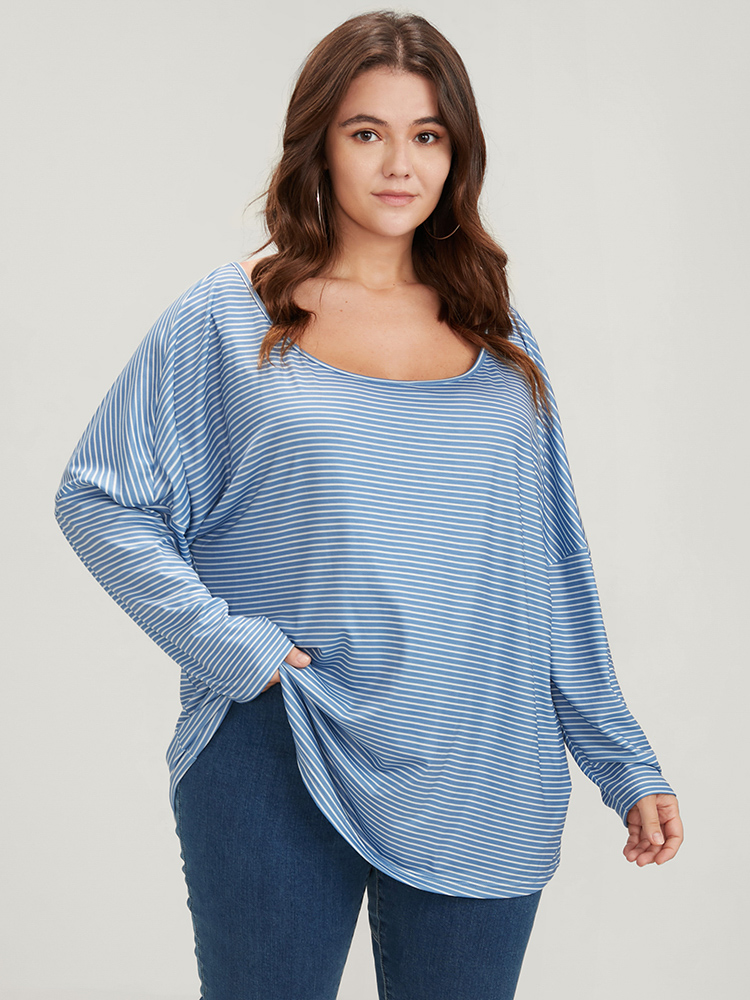 

Plus Size Striped Print Scoop Neck Long Tee Blue Women Casual Striped Scoop Neck Loose Dailywear T-shirts BloomChic