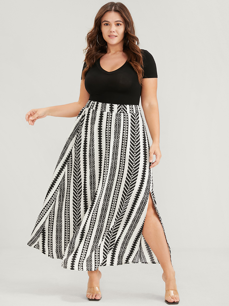 

Plus Size Asymmetrical Striped Geometric Print Elastic Waist Pocket Split Skirt Women Black Vacation Slit Loose No stretch Pocket Dailywear Skirts BloomChic