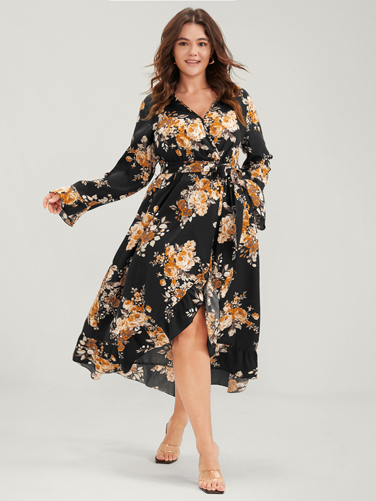 

Plus Size Floral Pocket Belted Ruffles High Low Hem Wrap Midi Dress Black Women Elegant Elastic Waist V-neck Long Sleeve Curvy Midi Dress BloomChic