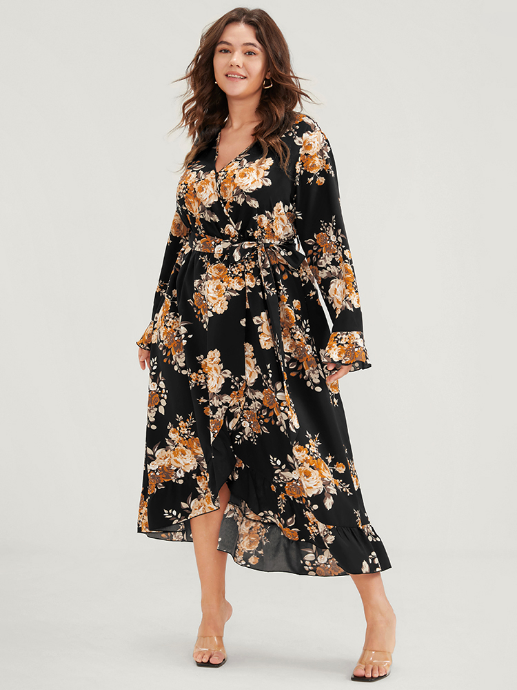 Plus Size Floral Pocket Belted Ruffles High Low Hem Wrap Midi Dress Black Women Elegant Elastic Waist V-neck Long Sleeve Curvy Midi Dress BloomChic 12/L 