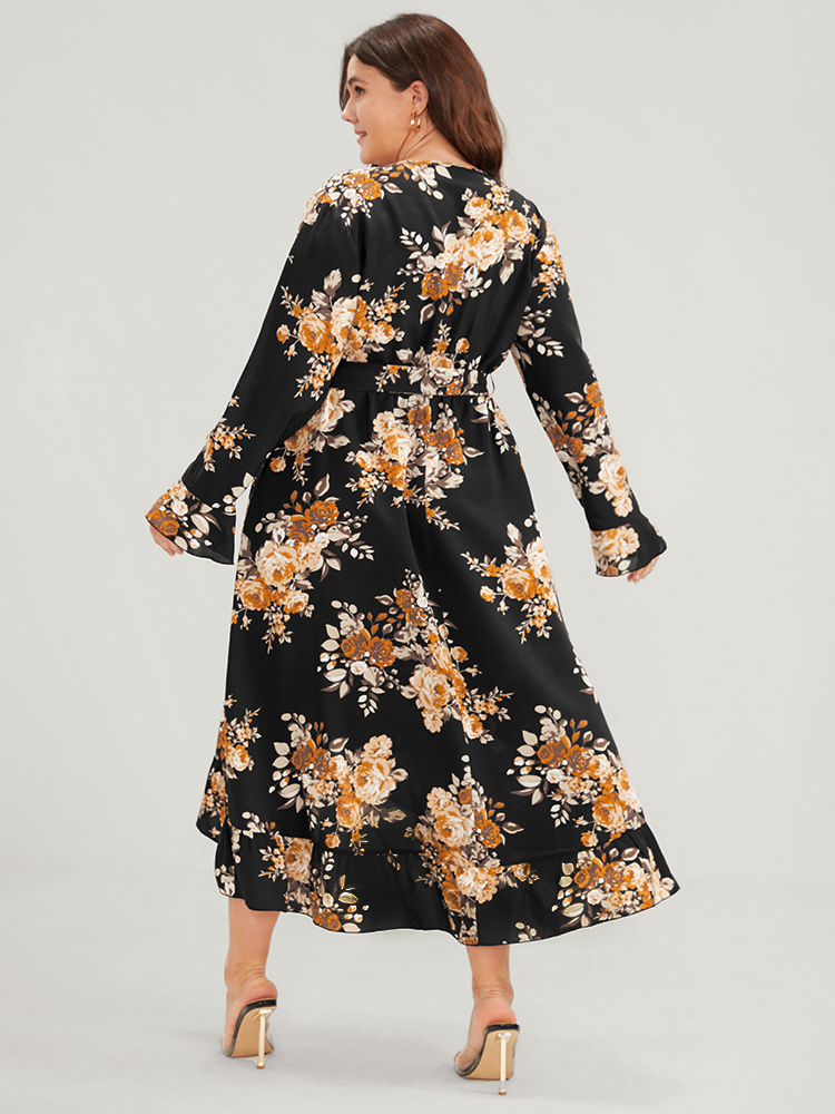 Plus Size Floral Pocket Belted Ruffles High Low Hem Wrap Midi Dress Black Women Elegant Elastic Waist V-neck Long Sleeve Curvy Midi Dress BloomChic 12/L 