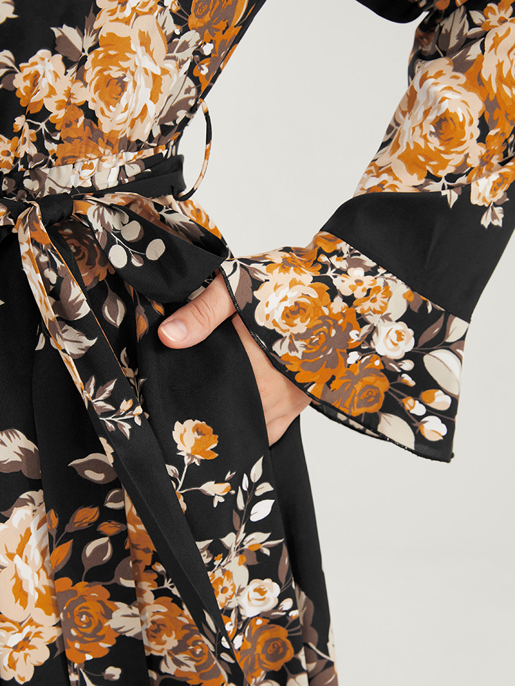 Plus Size Floral Pocket Belted Ruffles High Low Hem Wrap Midi Dress Black Women Elegant Elastic Waist V-neck Long Sleeve Curvy Midi Dress BloomChic 12/L 