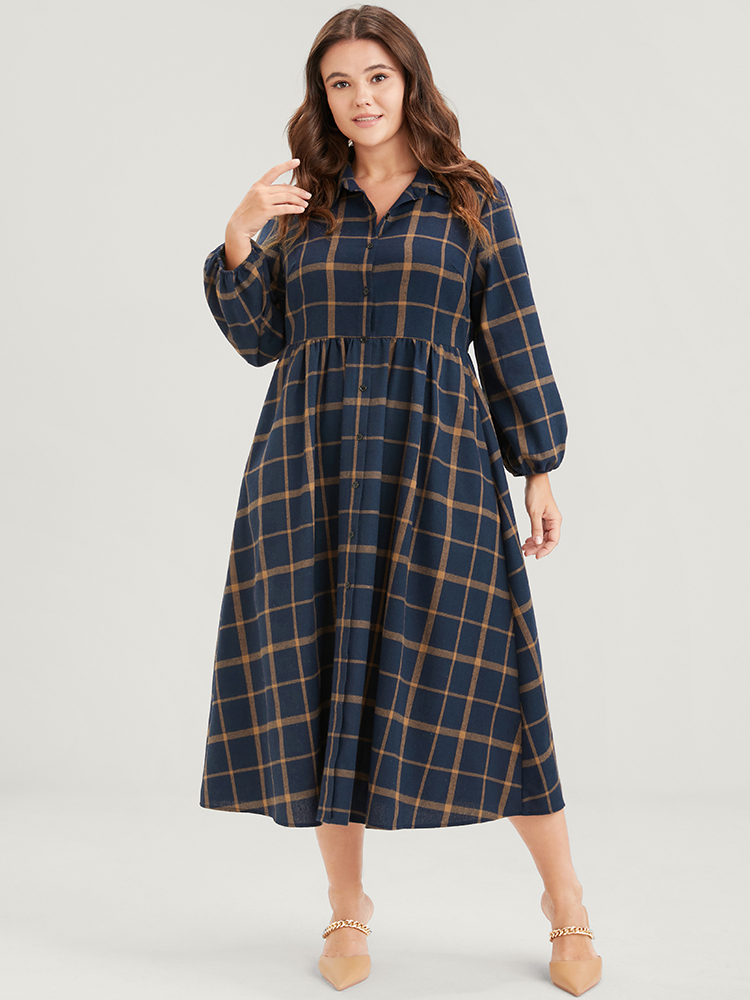 

Plus Size Plaid Button Up Pocket Shirt Collar Flutter Hem Dress Without Belt DarkBlue Women Office Slit Shirt collar Long Sleeve Curvy Midi Dress BloomChic