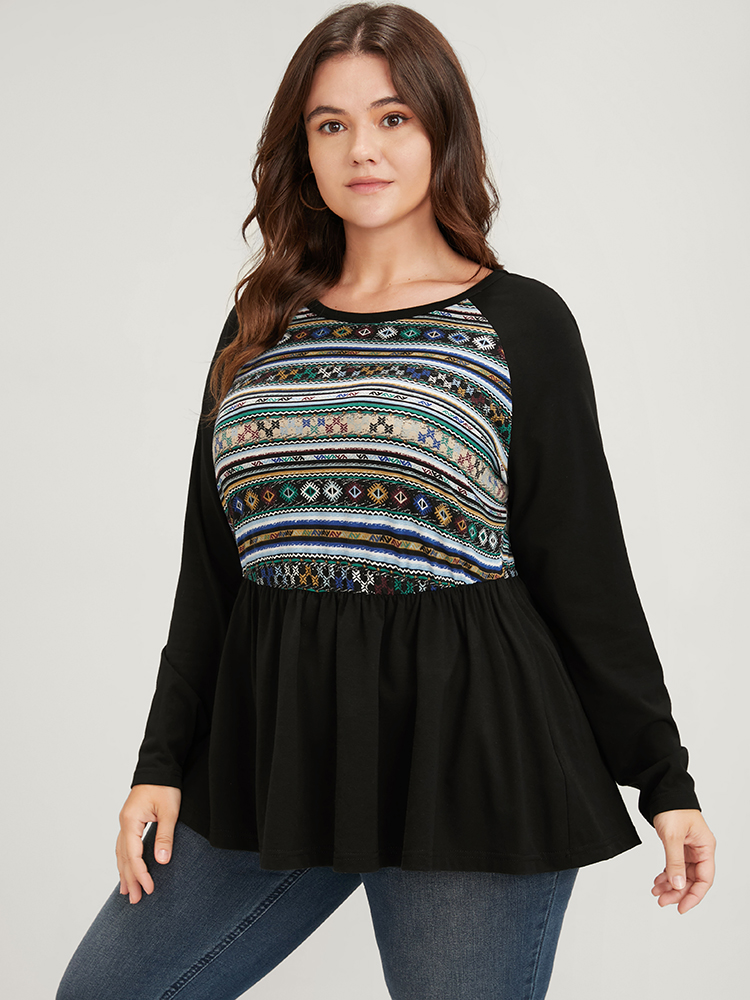 

Plus Size Striped Contrast Patchwork Flutter Hem Raglan Sleeve T-shirt Black Round Neck Elegant Jersey Tops