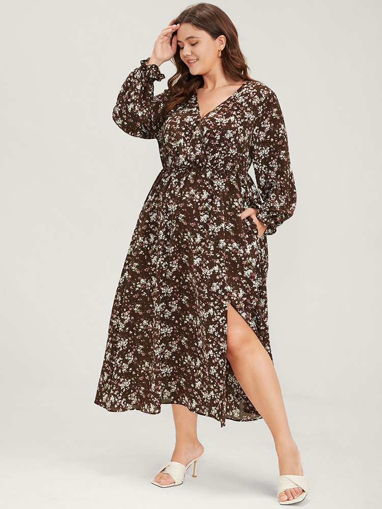 

Plus Size Floral Split Pocket Lantern Sleeve Wrap Flutter Midi Dress DarkBrown Women Elegant Elastic Waist V-neck Long Sleeve Curvy Midi Dress BloomChic