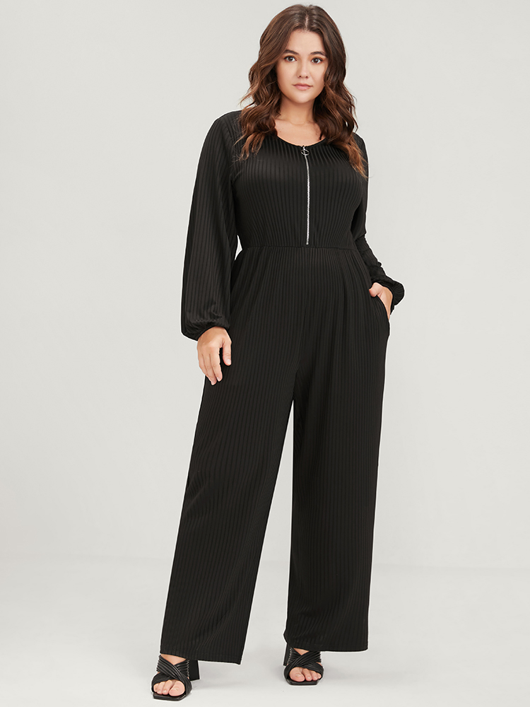 

Plus Size Black Plain Zipper Half Lantern Sleeve Pocket Rib Knit Jumpsuit Women Office Long Sleeve Round Neck Work Loose Jumpsuits BloomChic