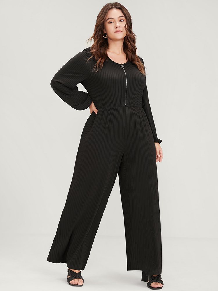 

Plus Size Black Plain Zipper Half Lantern Sleeve Pocket Rib Knit Jumpsuit Women Office Long Sleeve Round Neck Work Loose Jumpsuits BloomChic