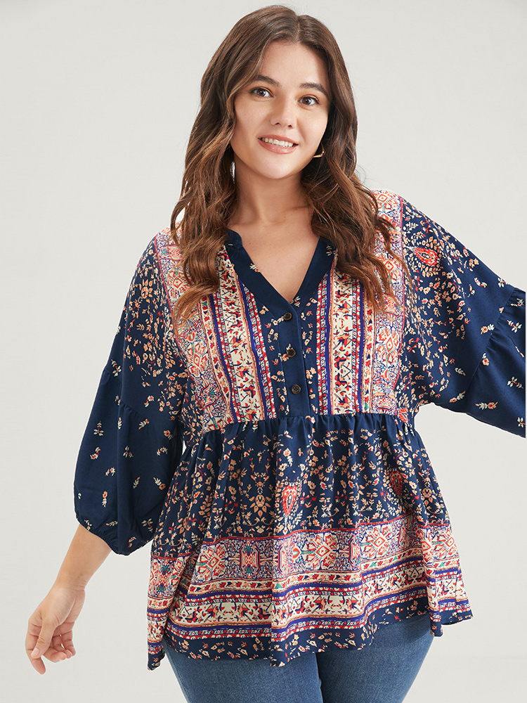 Plus Size DarkBlue Bandana Button Lantern Sleeve Ruffles Blouse Women Vacation Elbow-length sleeve V-neck Dailywear Blouses BloomChic 12/L 