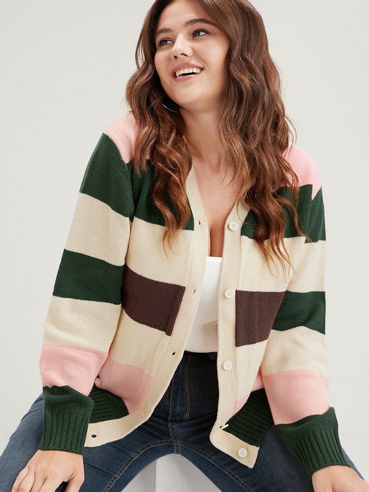 

Plus Size Striped Colorblock Contrast Pointelle Knit Button Front Cardigan Beige Women Casual Long Sleeve Dailywear Cardigans BloomChic