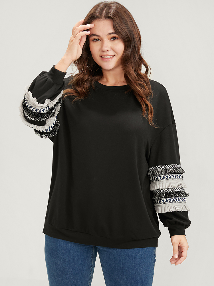 Plus Size Women Dailywear Plain Patchwork Regular Regular Sleeve Long Sleeve Round Neck Elegant Sweatshirts BloomChic 