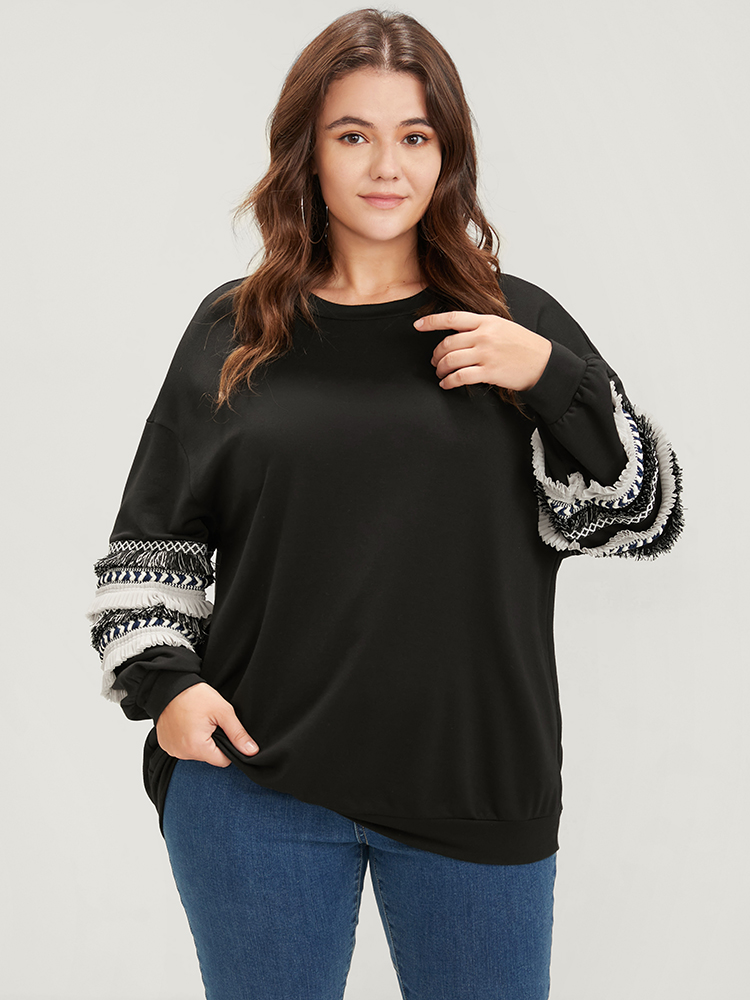 Plus Size Women Dailywear Plain Patchwork Regular Regular Sleeve Long Sleeve Round Neck Elegant Sweatshirts BloomChic 