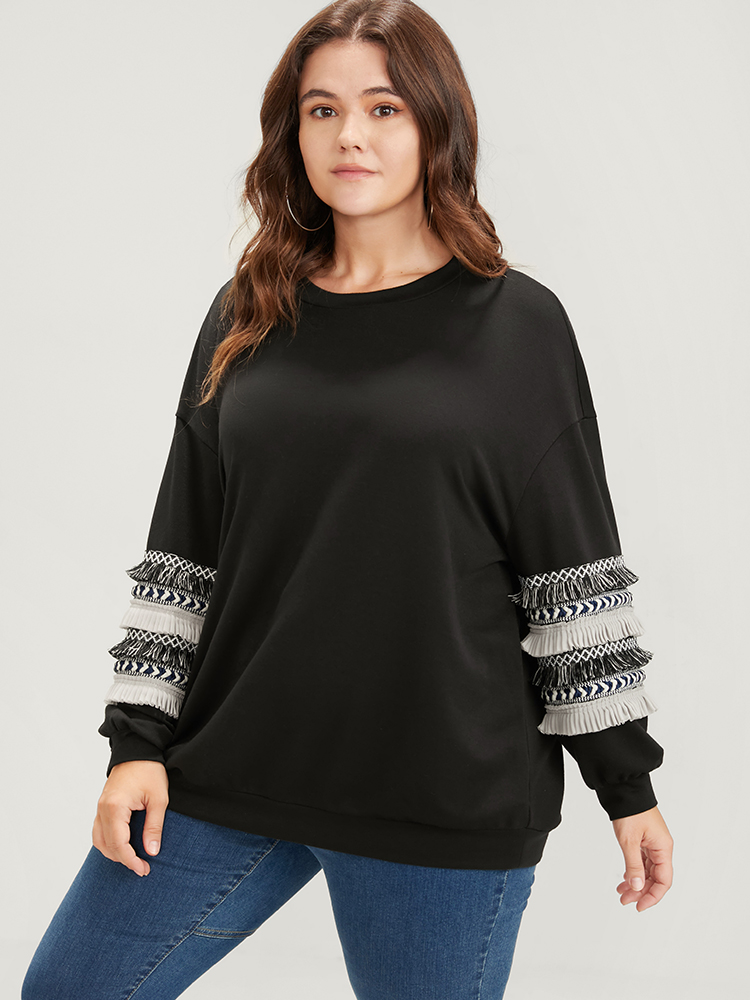 Plus Size Women Dailywear Plain Patchwork Regular Regular Sleeve Long Sleeve Round Neck Elegant Sweatshirts BloomChic 