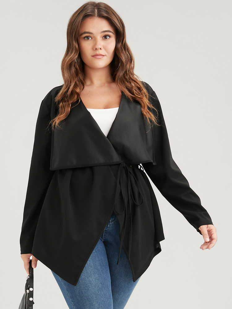 

Plus Size Plain Asymmetrical Hem Waterfall Collar Ties Coat Women Black Elegant Belted Loose Ladies Dailywear Winter Coats BloomChic