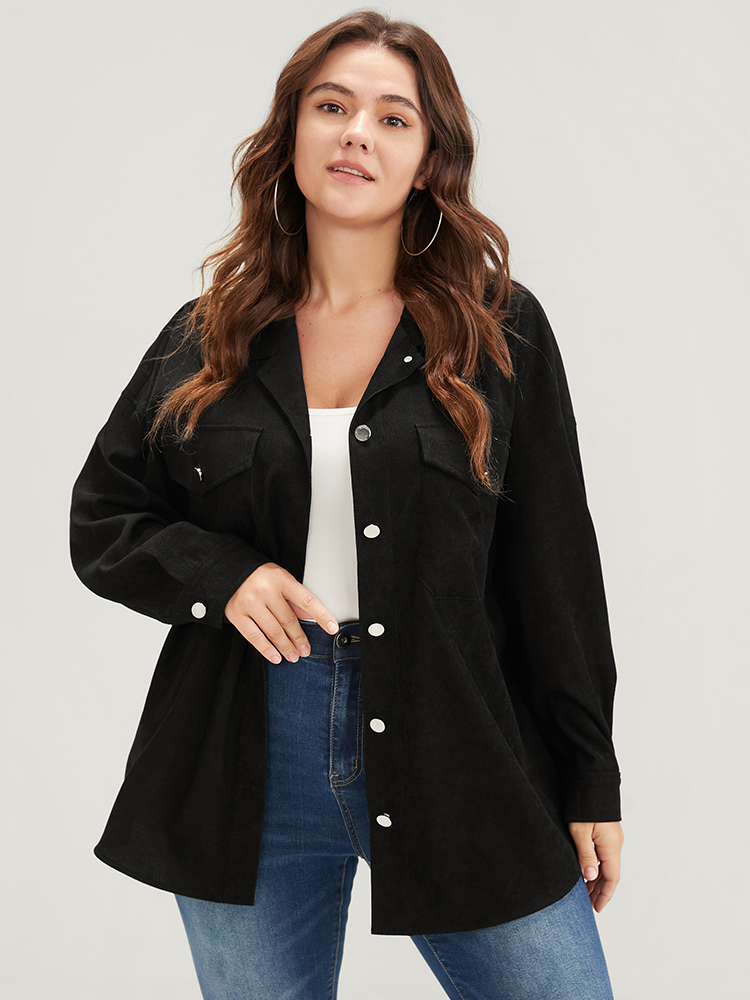 Image of Plus Size Plain Button Drop Shoulder Flap Pocket Corduroy Jacket Women Black Casual Button Ladies Dailywear Winter Coats BloomChic 10/M
