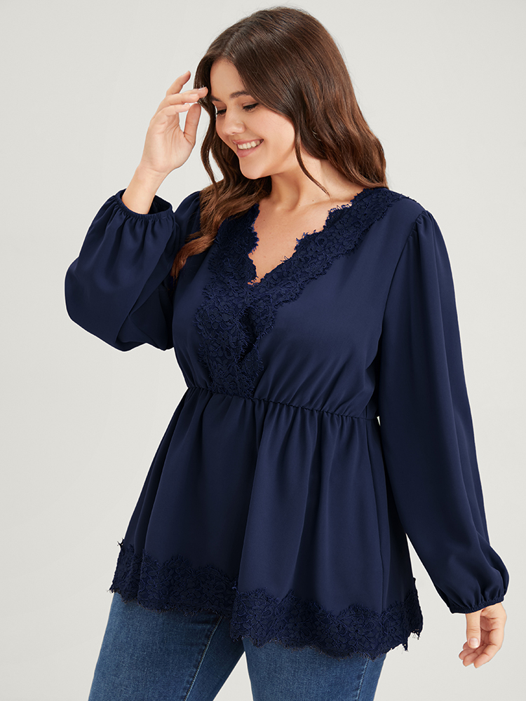 

Plus Size Navy Solid Lantern Sleeve Ruffle Hem Lace Trim Blouse Women Elegant Long Sleeve V-neck Dailywear Blouses BloomChic