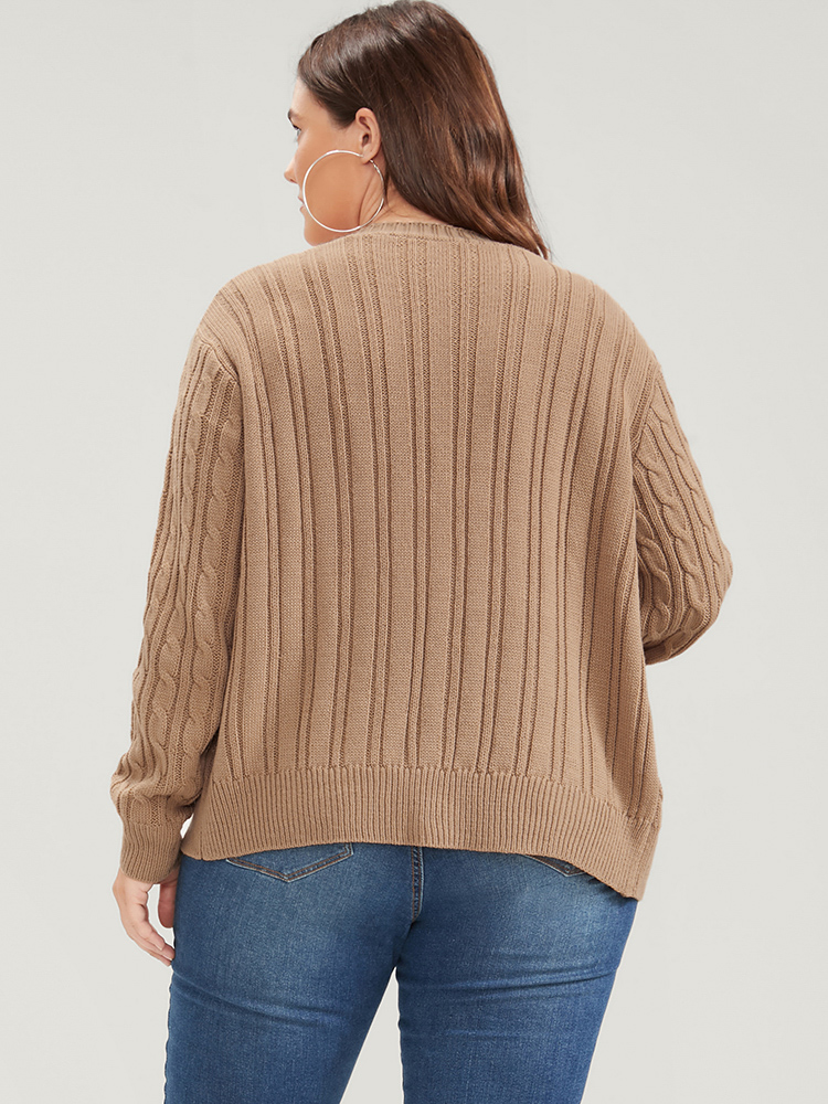 

Plus Size Solid Pointelle Knit Pearls Beaded Cable Knit Button Front Cardigan Tan Women Elegant Long Sleeve Dailywear Cardigans BloomChic