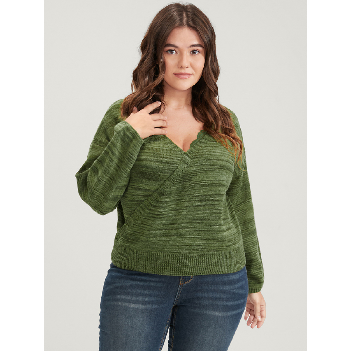 

Plus Size Marled Knit Button Lace Trim Wrap Knit Top Moss Women Elegant Long Sleeve Dailywear Pullovers BloomChic