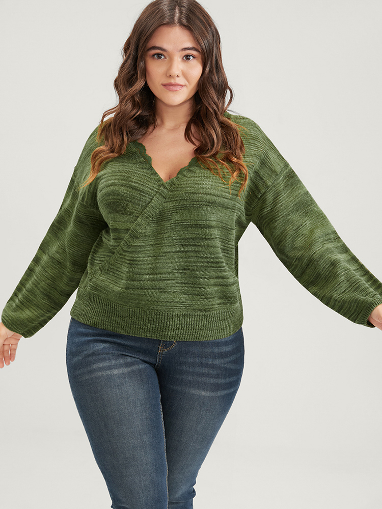 

Plus Size Marled Knit Button Lace Trim Wrap Knit Top Moss Women Elegant Long Sleeve Dailywear Pullovers BloomChic