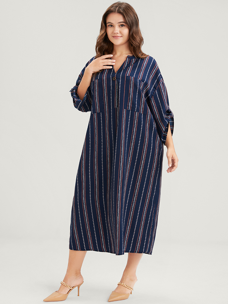 

Plus Size Asymmetrical Striped Patchwork Button Pocket Cuffed Sleeve Midi Dress DarkBlue Women Button V-neck Long Sleeve Curvy Midi Dress BloomChic