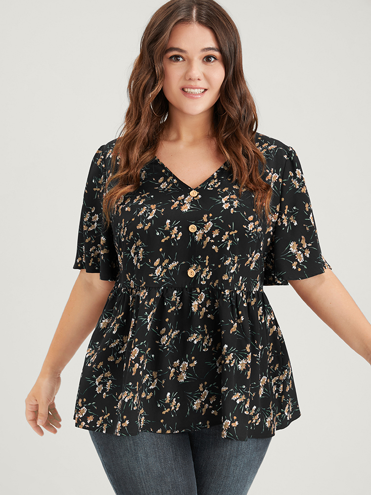 Plus Size Women Dailywear Floral Elastic Waist Ruffle Sleeve Half Sleeve V-neck Elegant Blouses BloomChic 
