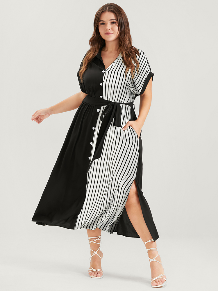 

Plus Size Striped Contrast Pocket Dolman Sleeve Button Up Belted Dress White Women Office Elastic Waist Shirt collar Short sleeve Curvy Midi Dress BloomChic