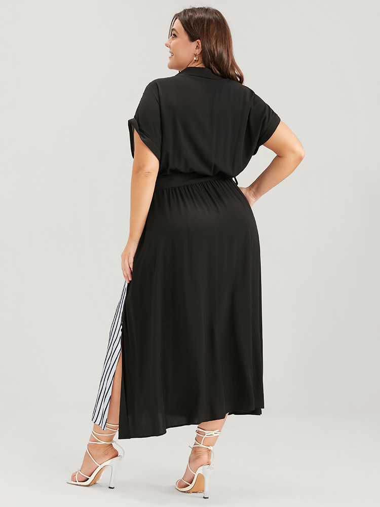 

Plus Size Striped Contrast Pocket Dolman Sleeve Button Up Belted Dress White Women Office Elastic Waist Shirt collar Short sleeve Curvy Midi Dress BloomChic