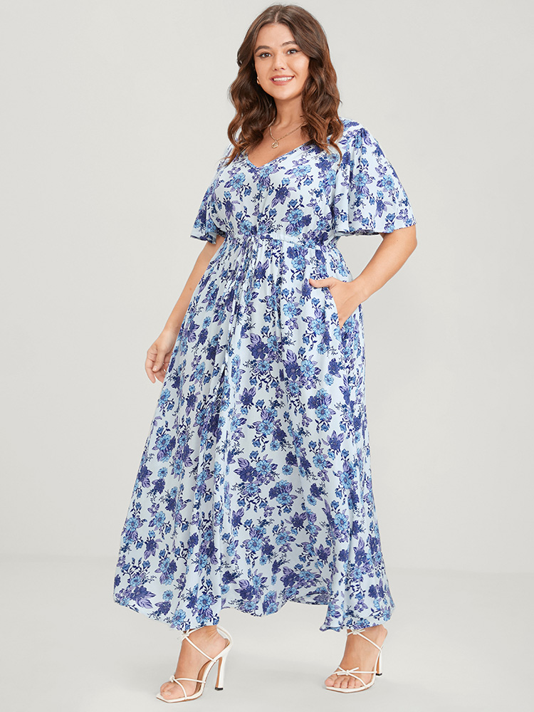 

Plus Size Bloom Dress -Floral Print V Neck Pocket Ties Ruffles Maxi Dress Blue Women Elegant Printed V-neck Short sleeve Curvy Long Dress BloomChic