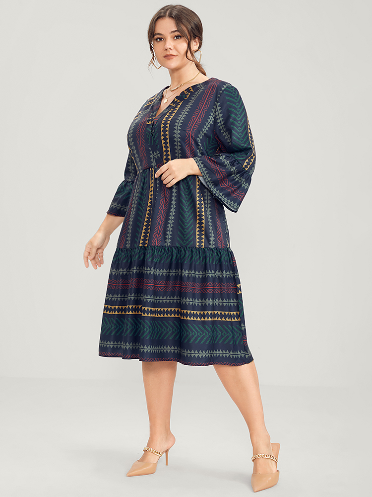 Plus Size Bloom Dress -Geometric Pocket Ruffles V Neck Knee Dress Multicolor Women Vacation Pocket V-neck Elbow-length sleeve Curvy Knee Dress BloomChic 18-20/2X 