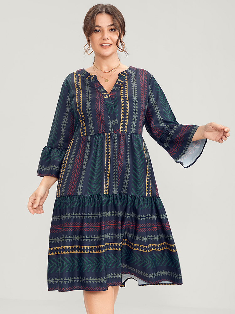 Plus Size Bloom Dress -Geometric Pocket Ruffles V Neck Knee Dress Multicolor Women Vacation Pocket V-neck Elbow-length sleeve Curvy Knee Dress BloomChic 18-20/2X 