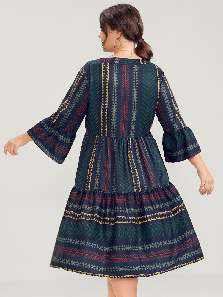 Plus Size Bloom Dress -Geometric Pocket Ruffles V Neck Knee Dress Multicolor Women Vacation Pocket V-neck Elbow-length sleeve Curvy Knee Dress BloomChic 18-20/2X 