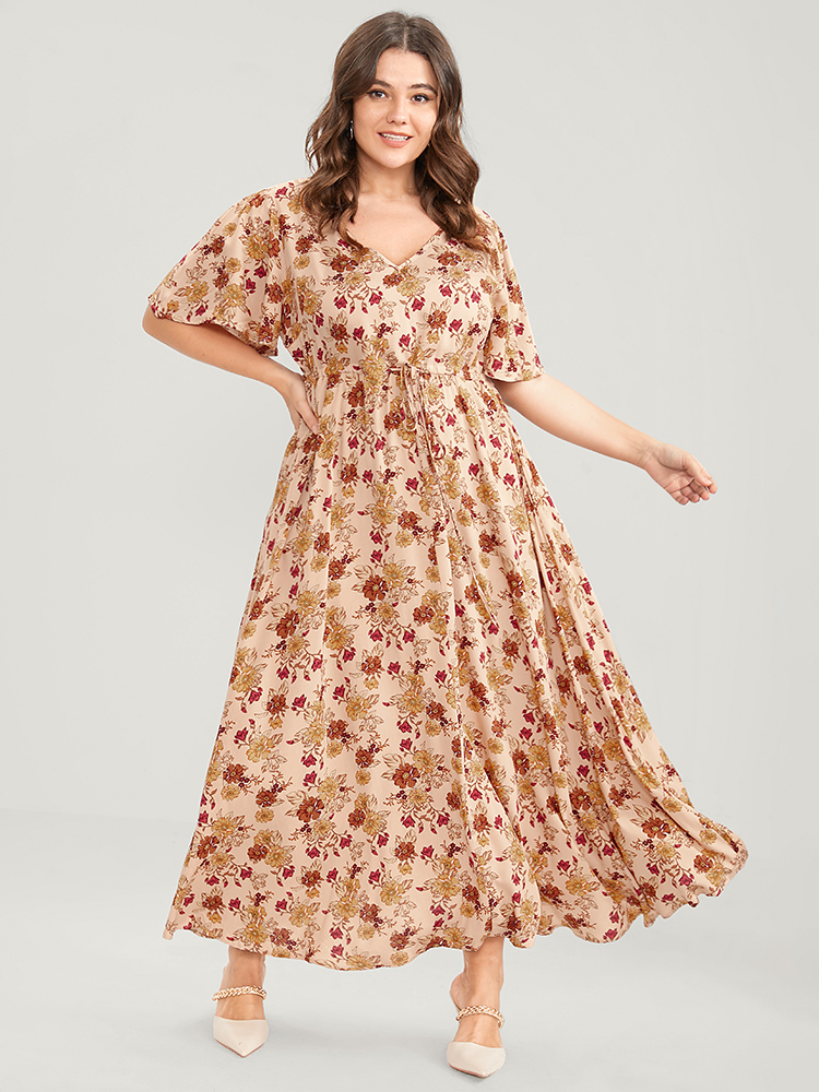 

Plus Size Bloom Dress -Floral Print V Neck Pocket Ties Ruffles Maxi Dress Chocolate Women Elegant Printed V-neck Short sleeve Curvy Long Dress BloomChic