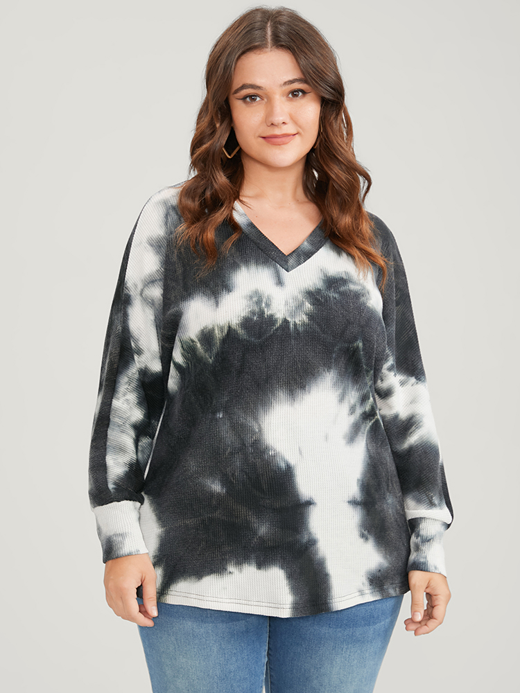 

Plus Size Tie Dye Dolman Sleeve Waffle Knit Drop Shoulder Sweatshirt Women Black Casual Tie Dye Loose V-neck Dailywear Sweatshirts BloomChic