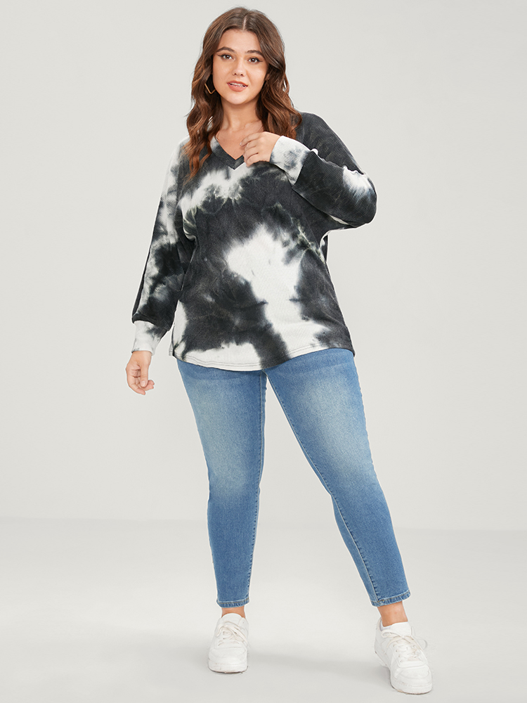 Plus Size Tie Dye Dolman Sleeve Waffle Knit Drop Shoulder Sweatshirt Women Black Casual Tie Dye Loose V-neck Dailywear Sweatshirts BloomChic 28/5X 