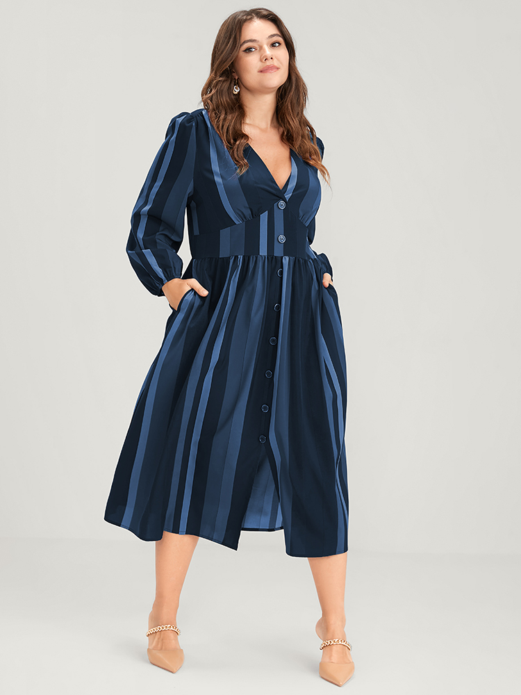 

Plus Size Striped Lantern Sleeve Pocket Button Front Midi Dress Navy Women Vacation Printed V-neck Long Sleeve Curvy Midi Dress BloomChic